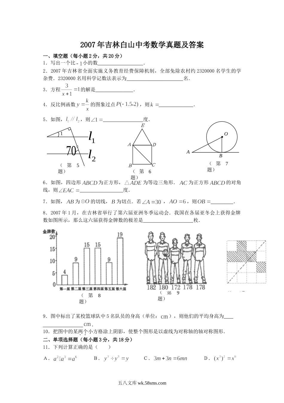 2007年吉林白山中考数学真题及答案.doc_第1页