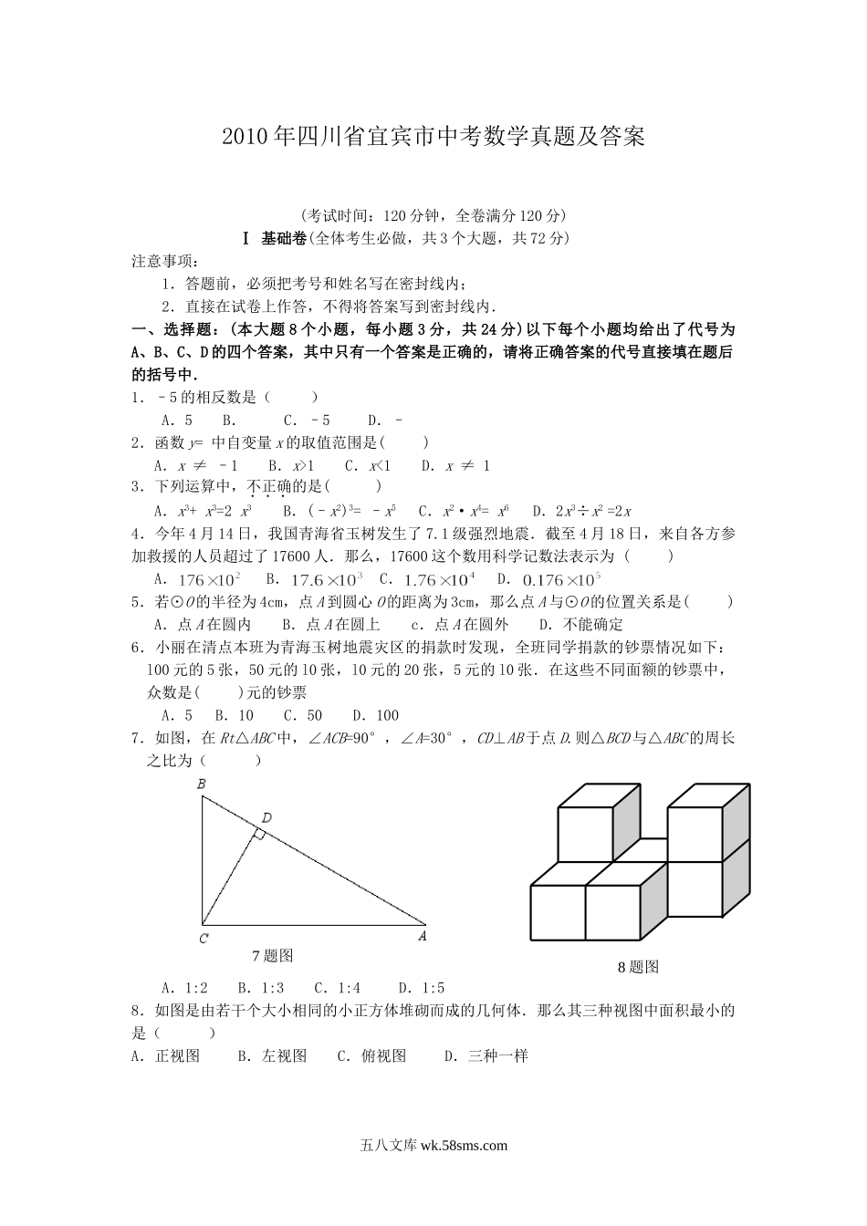 2010年四川省宜宾市中考数学真题及答案.doc_第1页