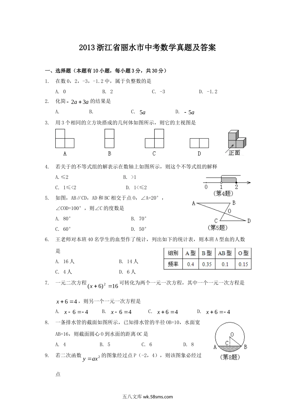 2013浙江省丽水市中考数学真题及答案.doc_第1页