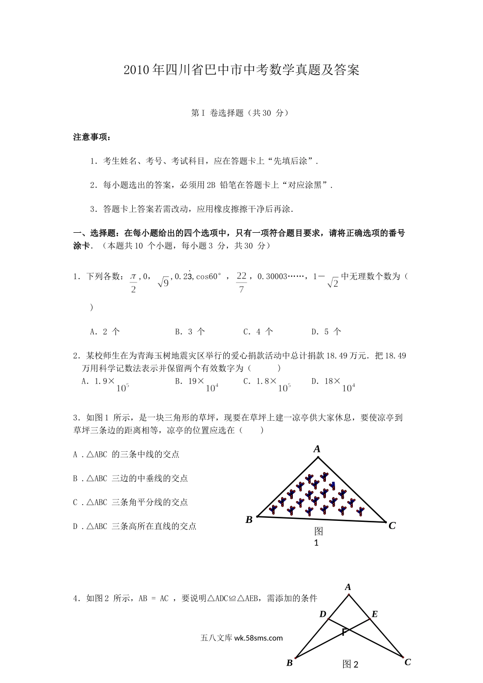 2010年四川省巴中市中考数学真题及答案.doc_第1页