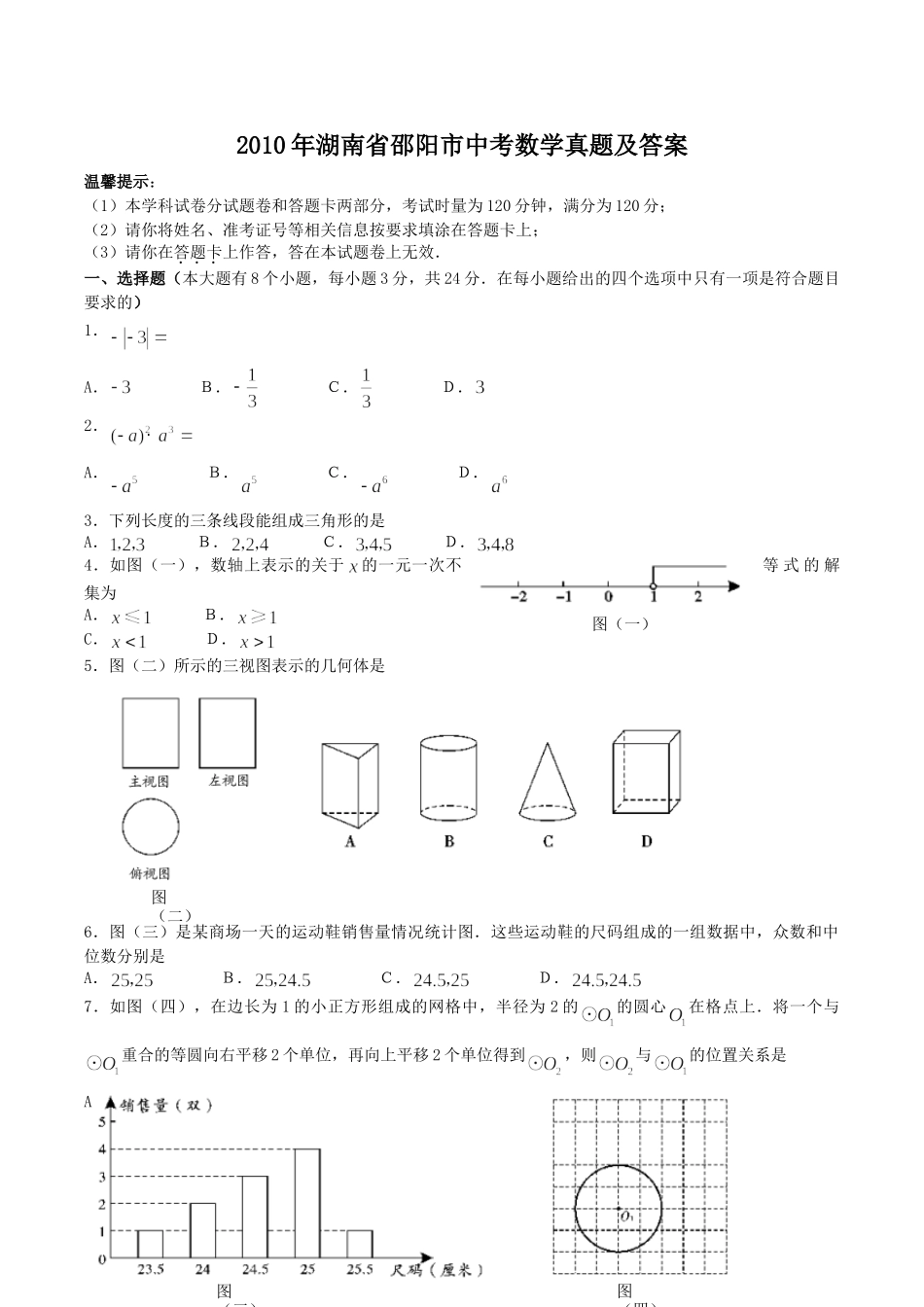 2010年湖南省邵阳市中考数学真题及答案.doc_第1页