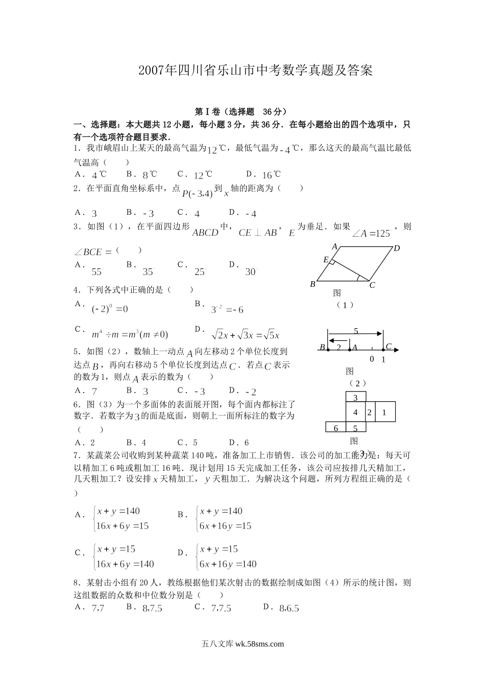 2007年四川省乐山市中考数学真题及答案.doc_第1页