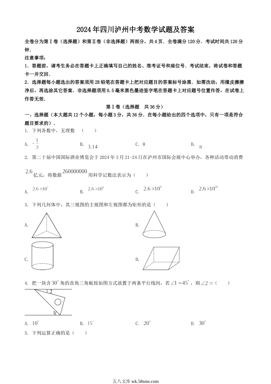 2024年四川泸州中考数学试题及答案.doc_第1页