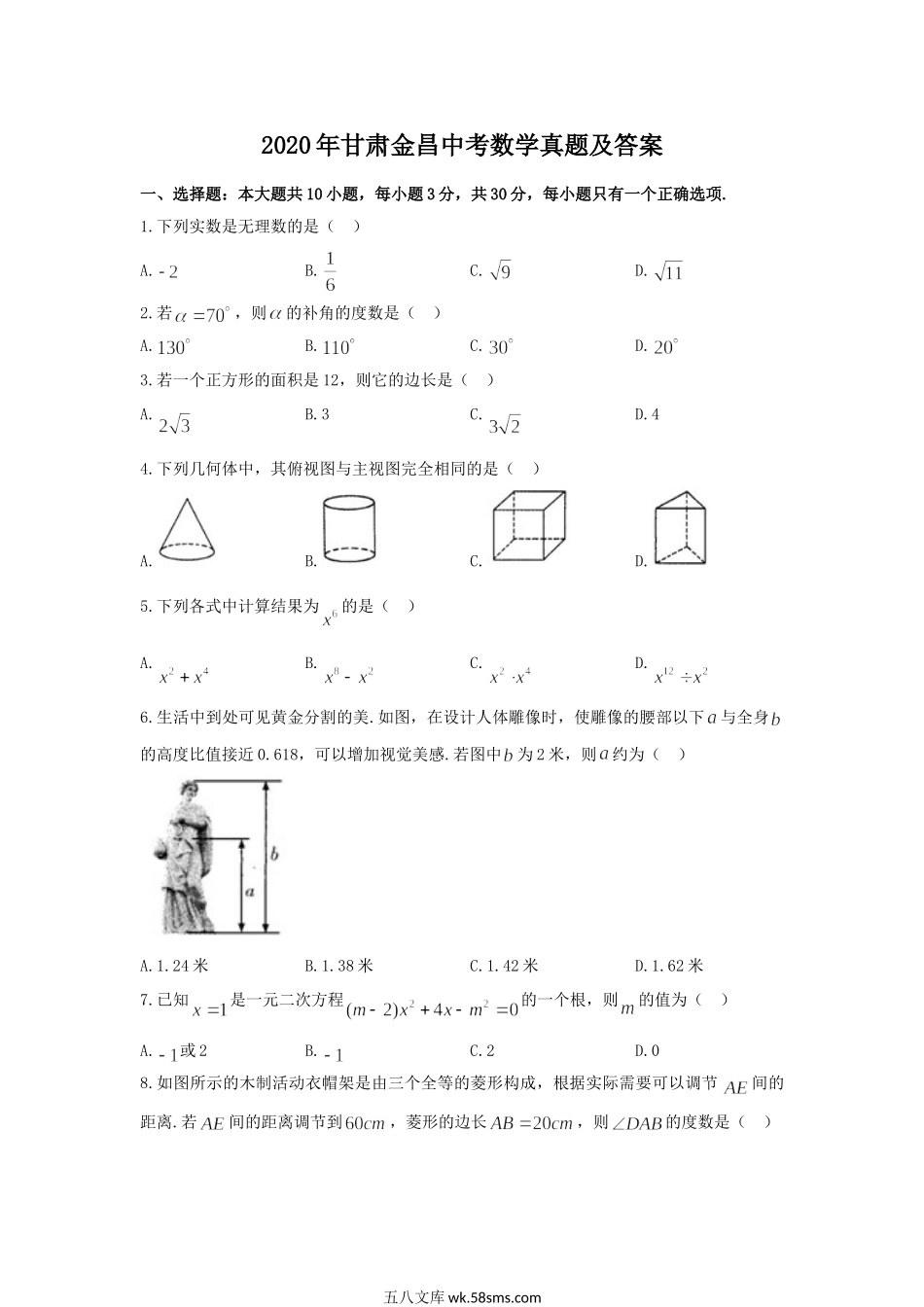 2020年甘肃金昌中考数学真题及答案.doc_第1页