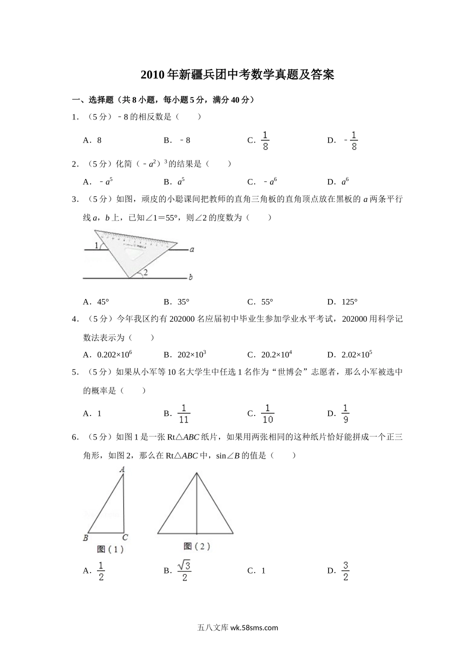 2010年新疆兵团中考数学真题及答案.doc_第1页