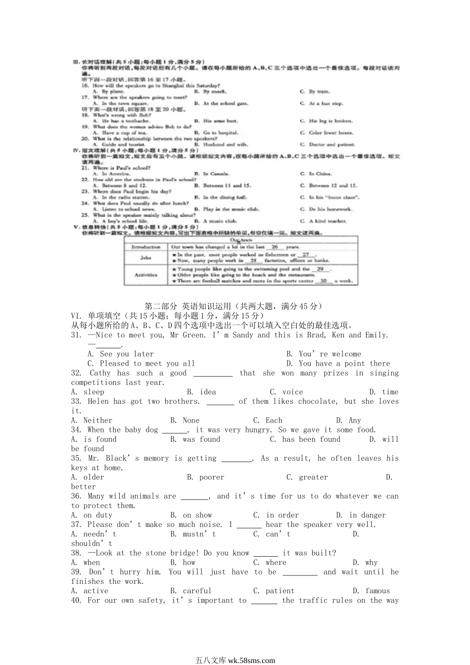 2016年安徽蚌埠中考英语真题及答案.doc_第2页