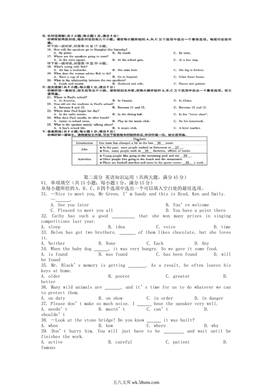 2016年安徽阜阳中考英语真题及答案.doc_第2页