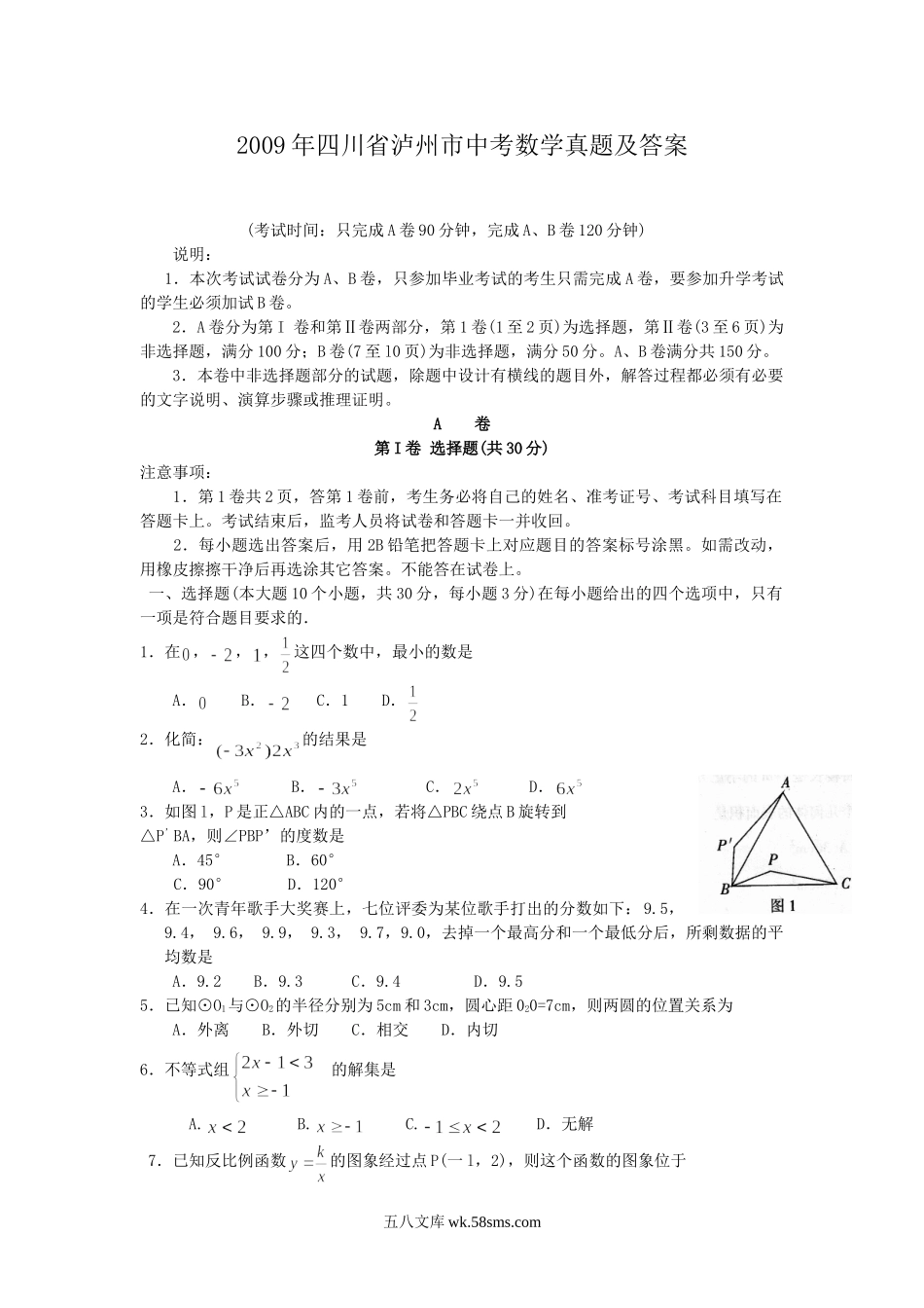 2009年四川省泸州市中考数学真题及答案.doc_第1页