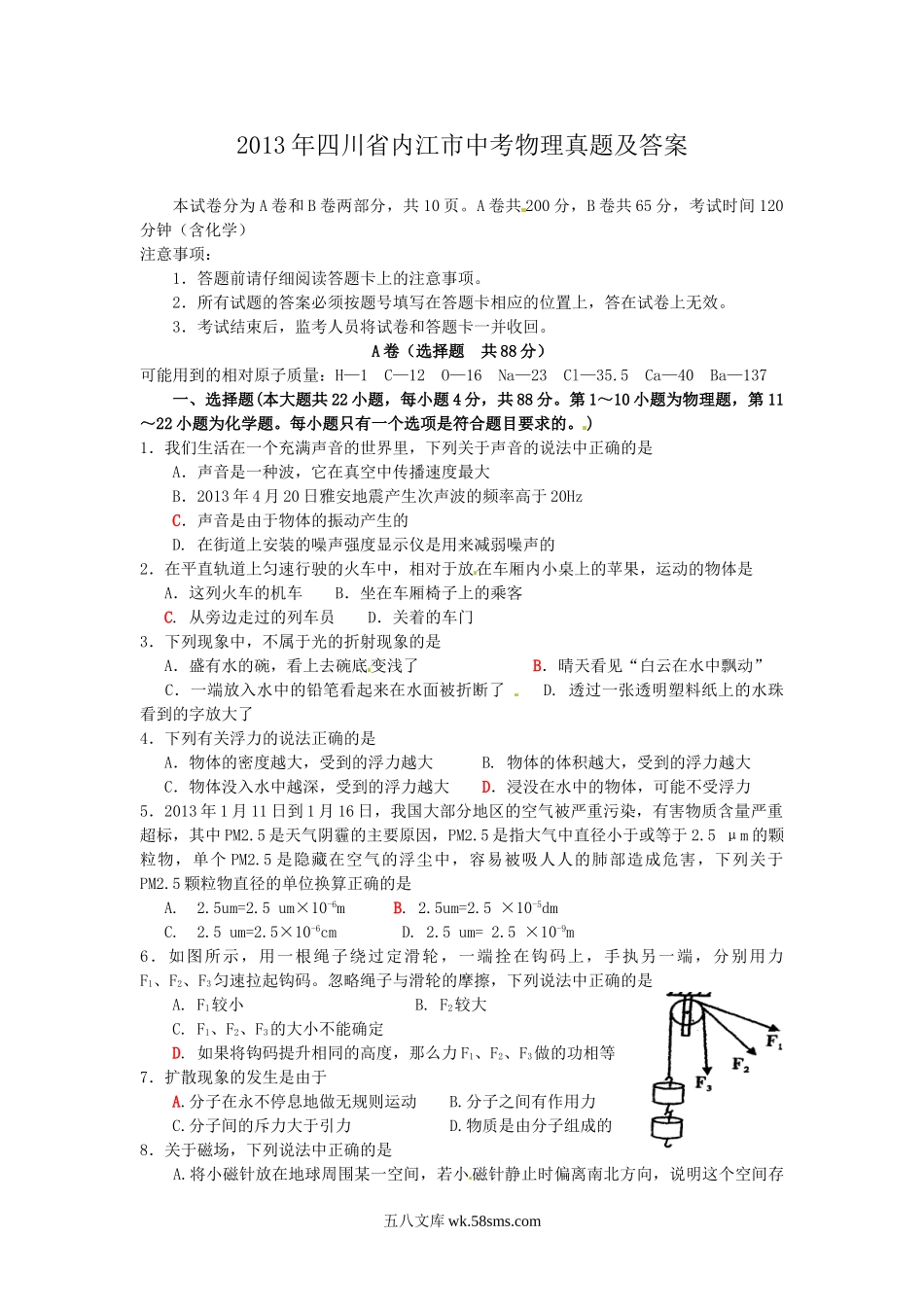 2013年四川省内江市中考物理真题及答案.doc_第1页