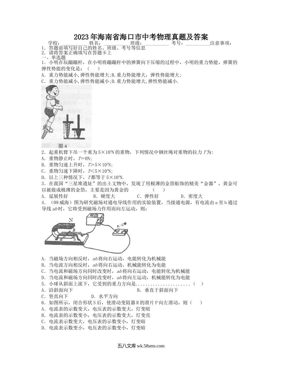 2023年海南省海口市中考物理真题及答案.doc_第1页