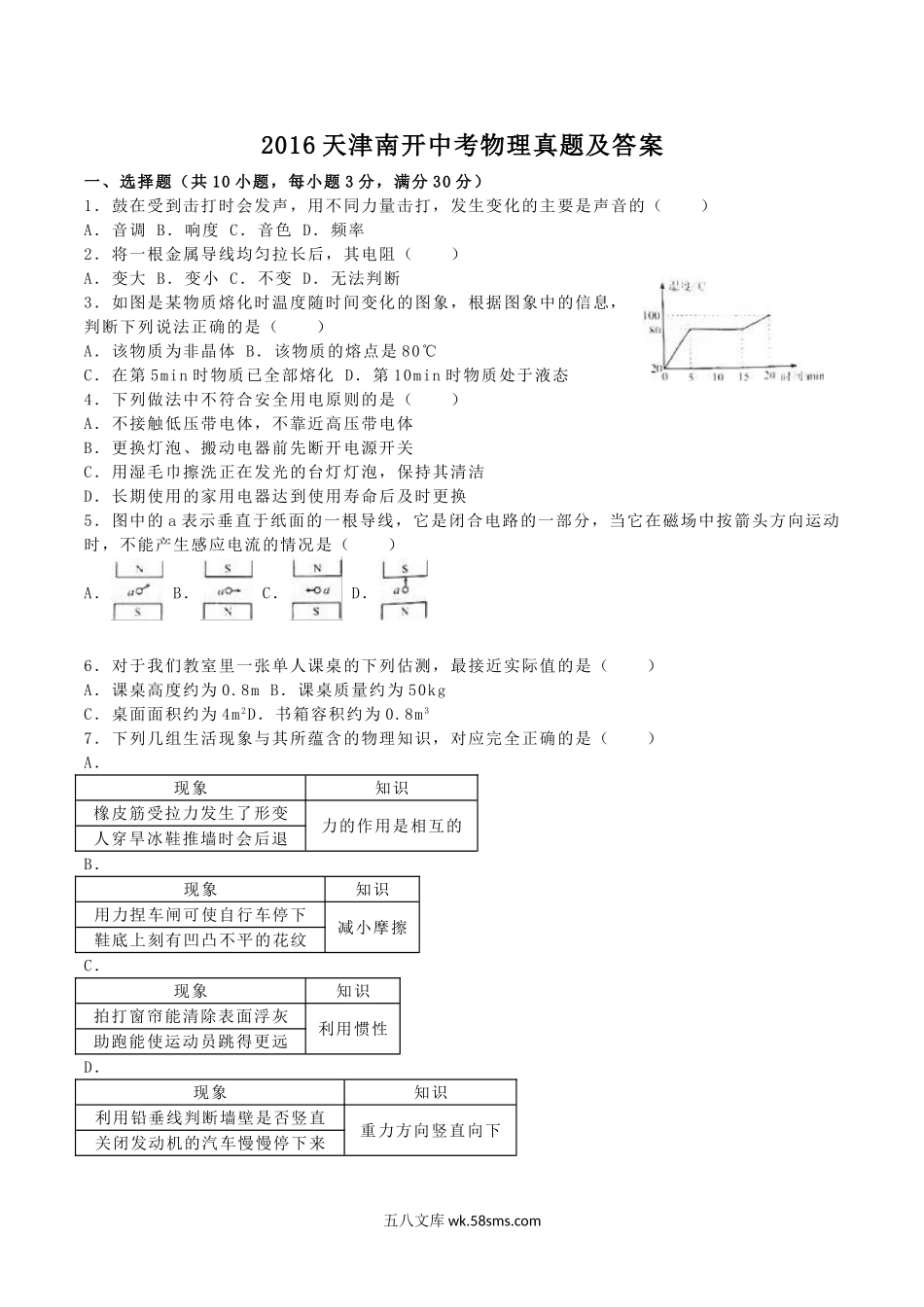 2016天津南开中考物理真题及答案.doc_第1页