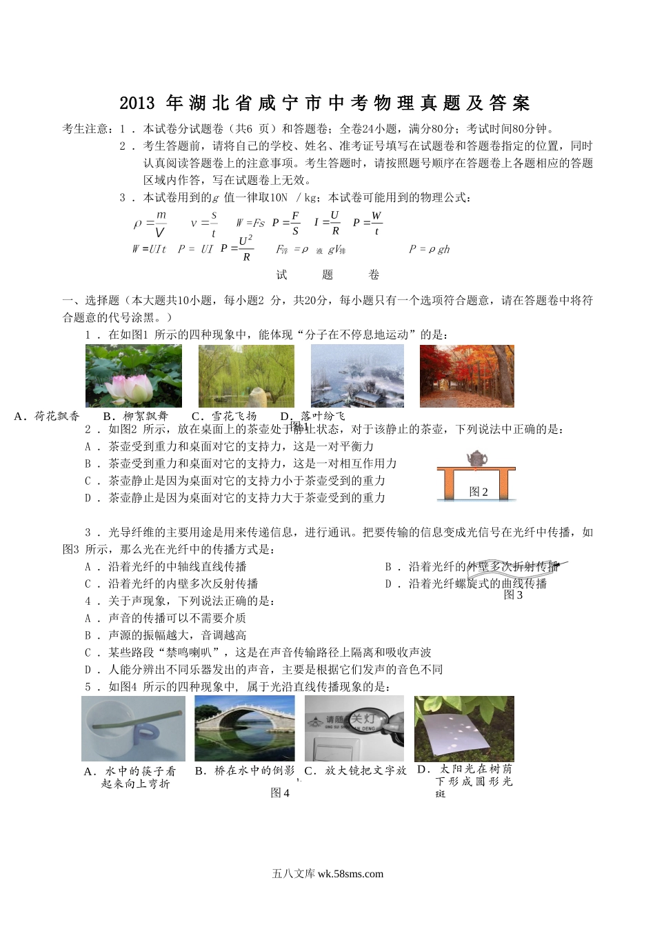 2013年湖北省咸宁市中考物理真题及答案.doc_第1页