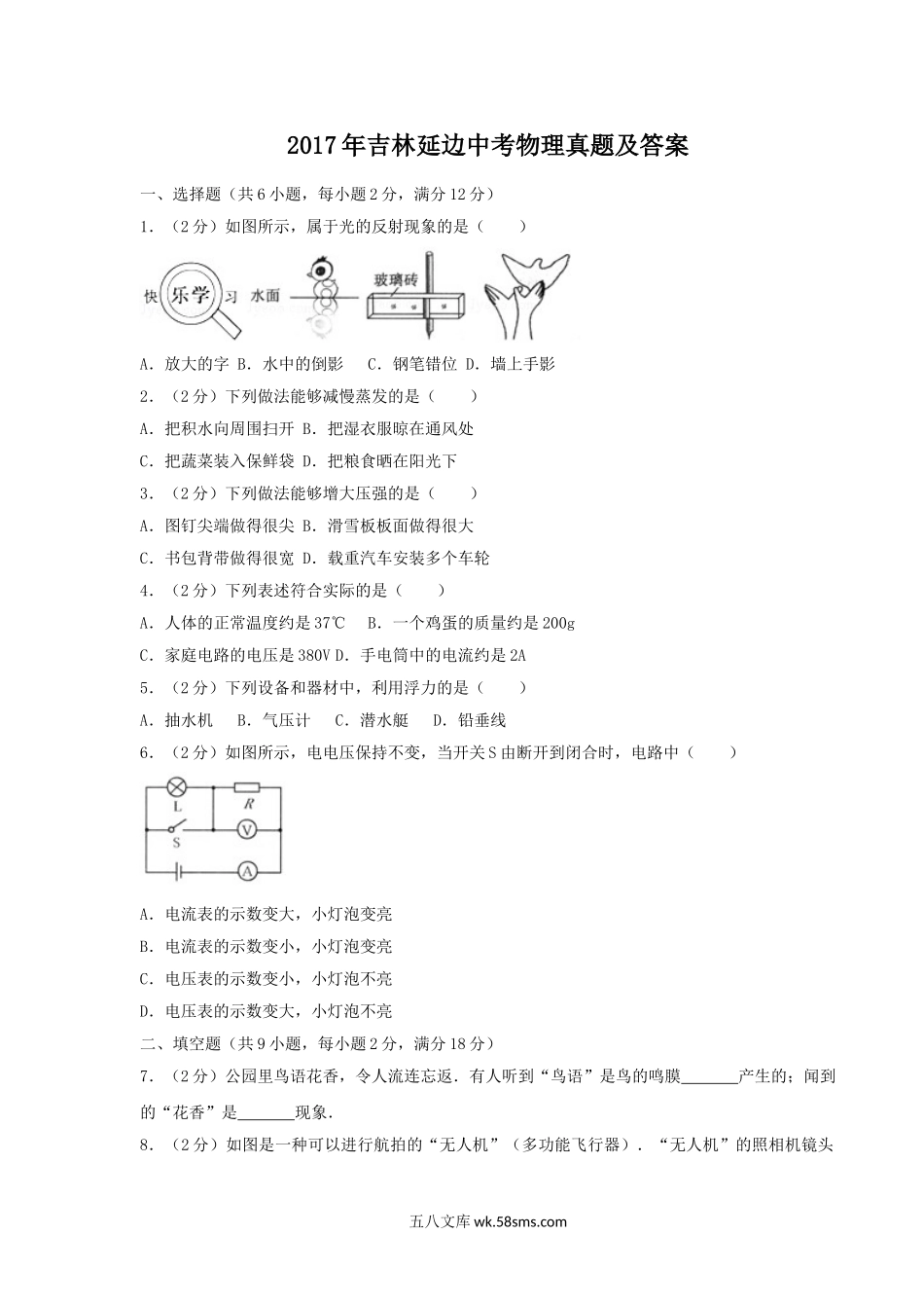 2017年吉林延边中考物理真题及答案.doc_第1页