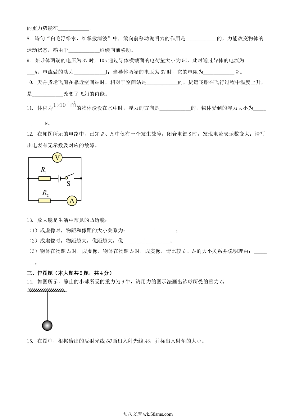 2023年上海浦东中考物理真题及答案.doc_第2页