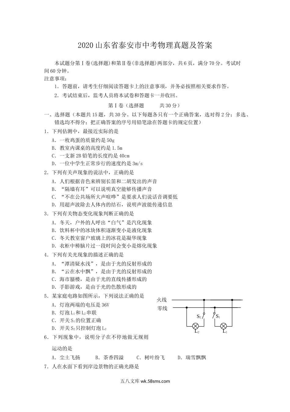 2020山东省泰安市中考物理真题及答案.doc_第1页