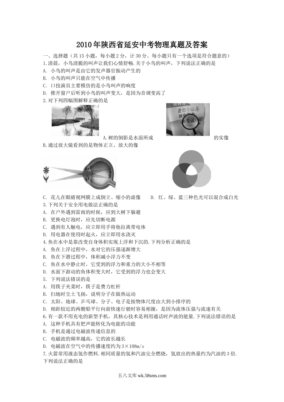 2010年陕西省延安中考物理真题及答案.doc_第1页