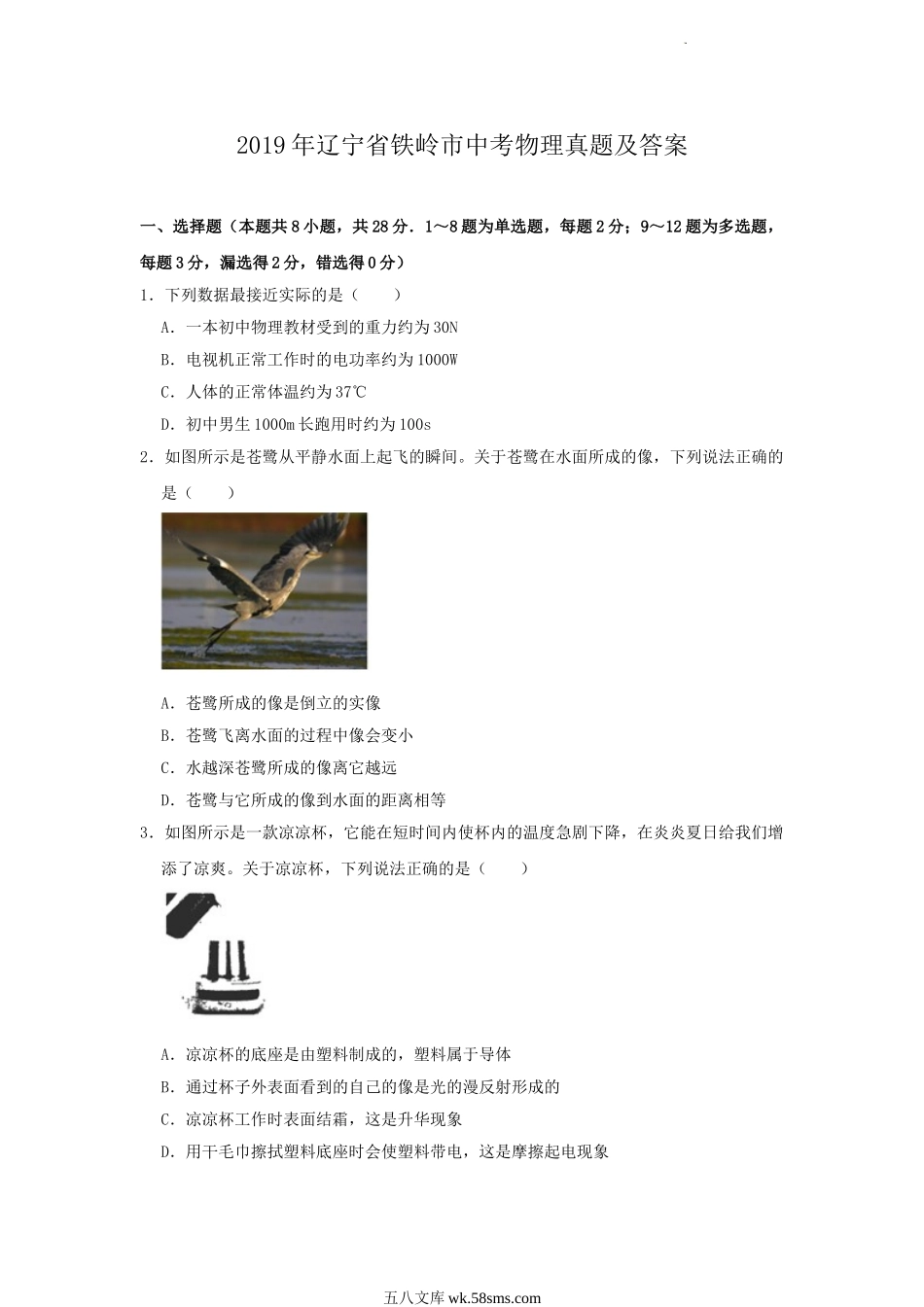 2019年辽宁省铁岭市中考物理真题及答案.doc_第1页