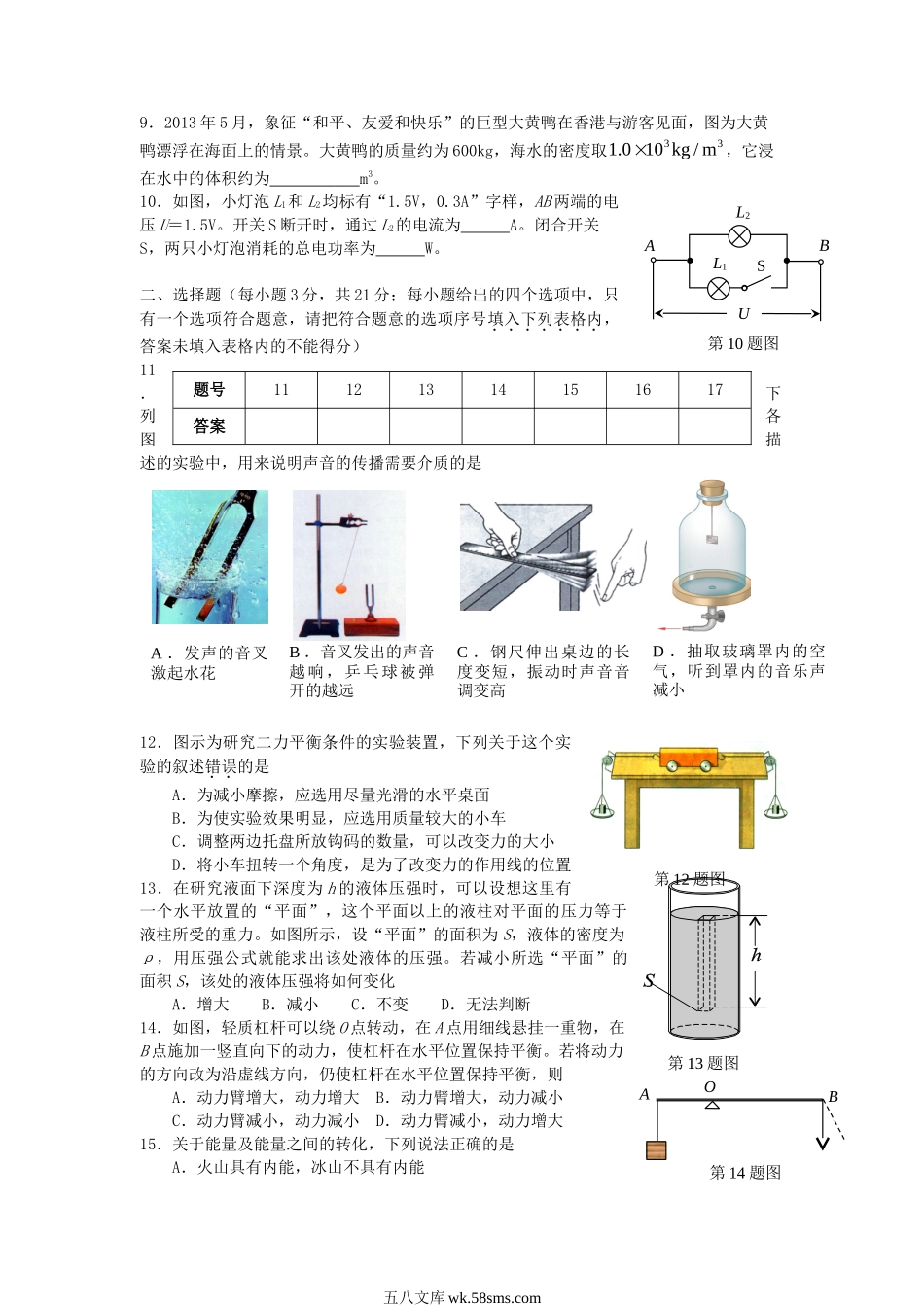 2013年安徽滁州中考物理真题及答案.doc_第2页