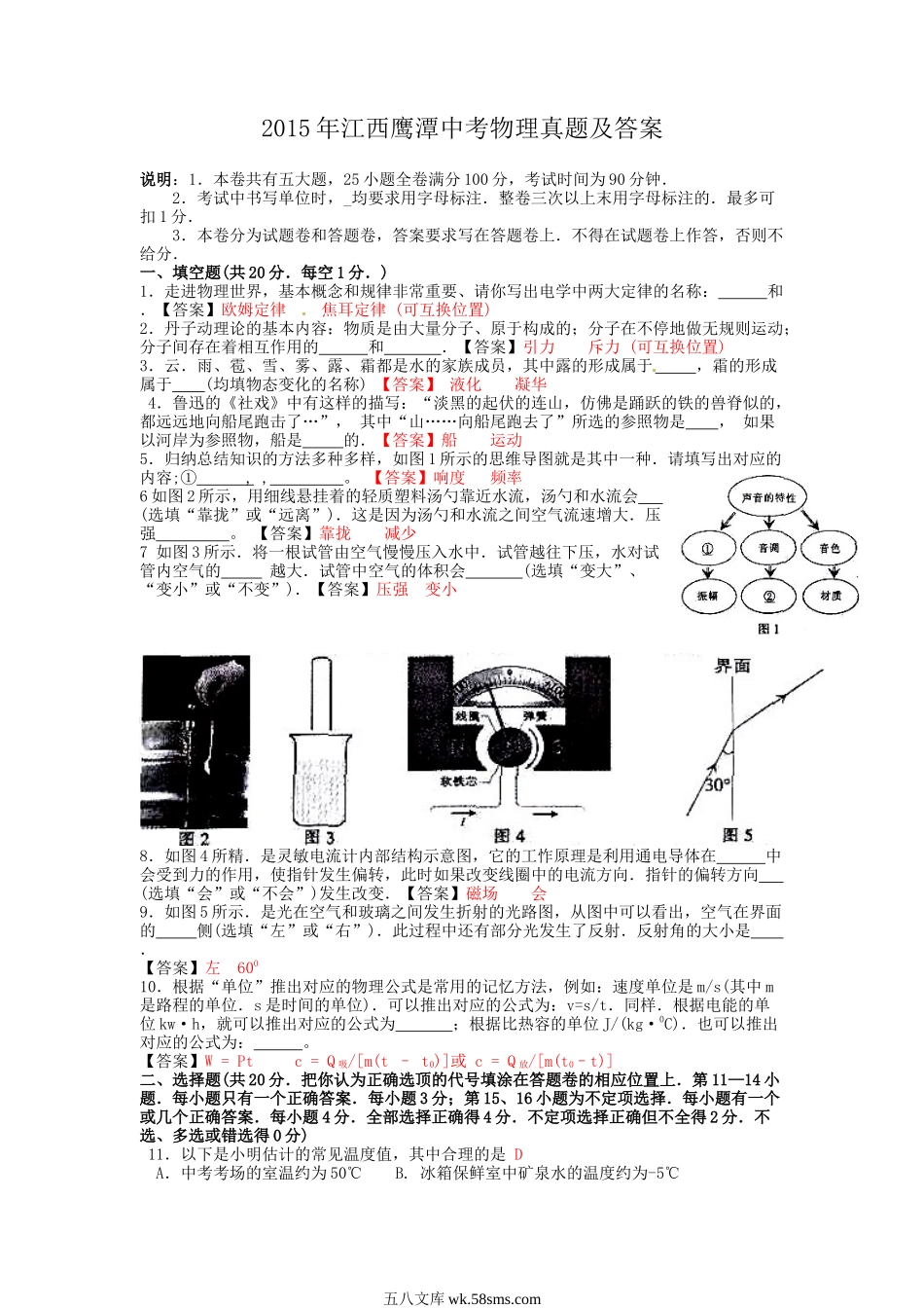 2015年江西鹰潭中考物理真题及答案.doc_第1页