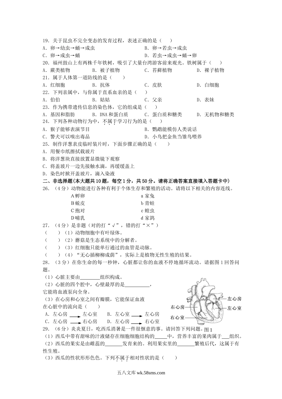 2009年福建省福州市中考生物真题及答案.doc_第2页