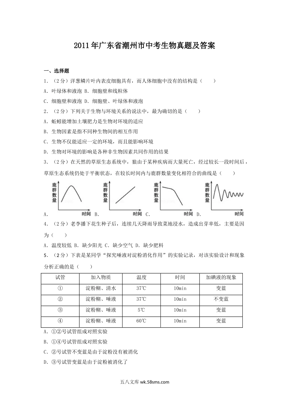 2011年广东省潮州市中考生物真题及答案.doc_第1页