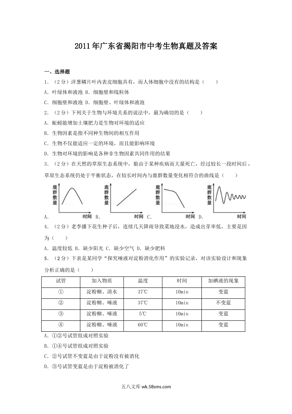 2011年广东省揭阳市中考生物真题及答案.doc_第1页