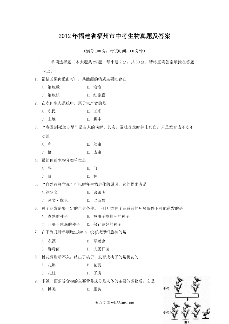 2012年福建省福州市中考生物真题及答案.doc_第1页