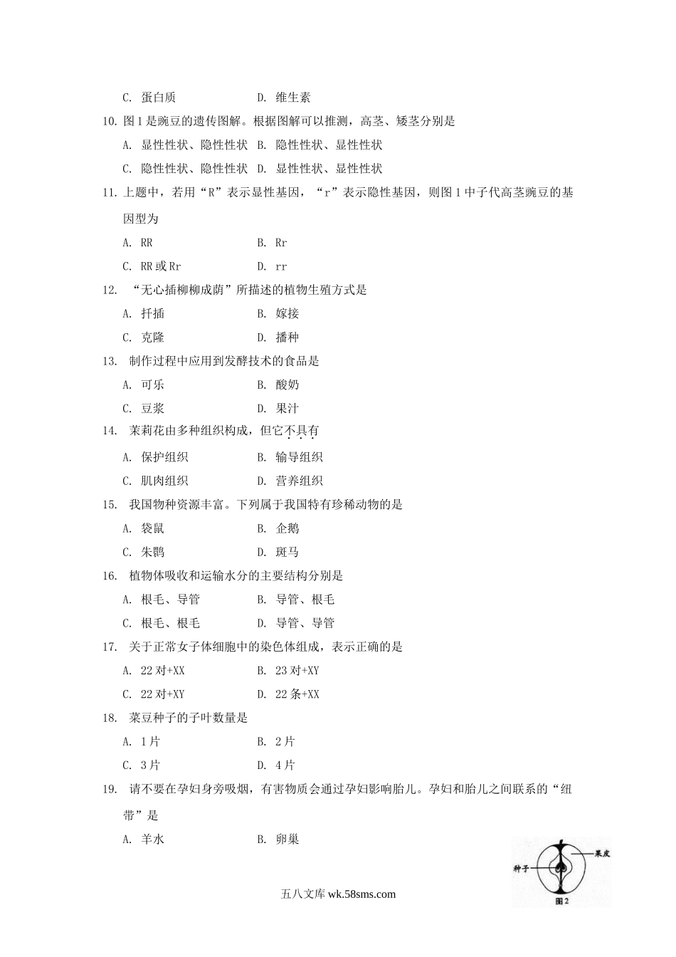 2012年福建省福州市中考生物真题及答案.doc_第2页