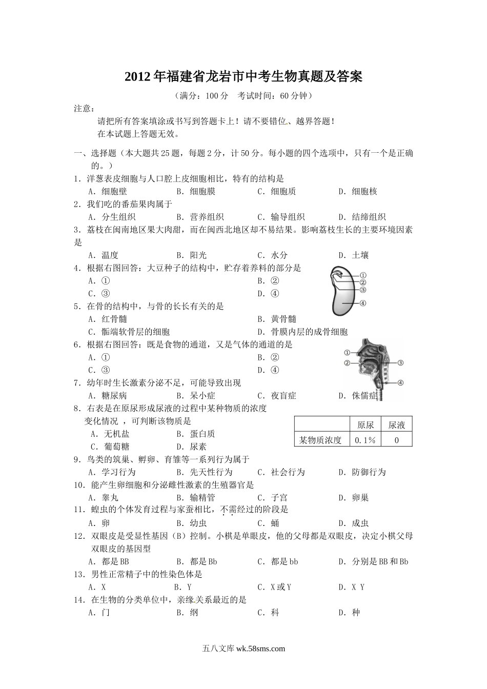 2012年福建省龙岩市中考生物真题及答案.doc_第1页