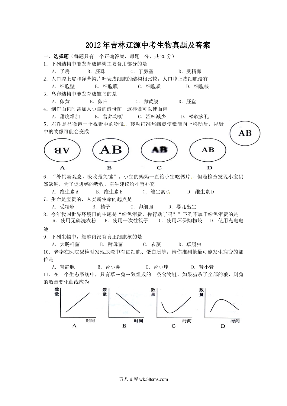 2012年吉林辽源中考生物真题及答案.doc_第1页