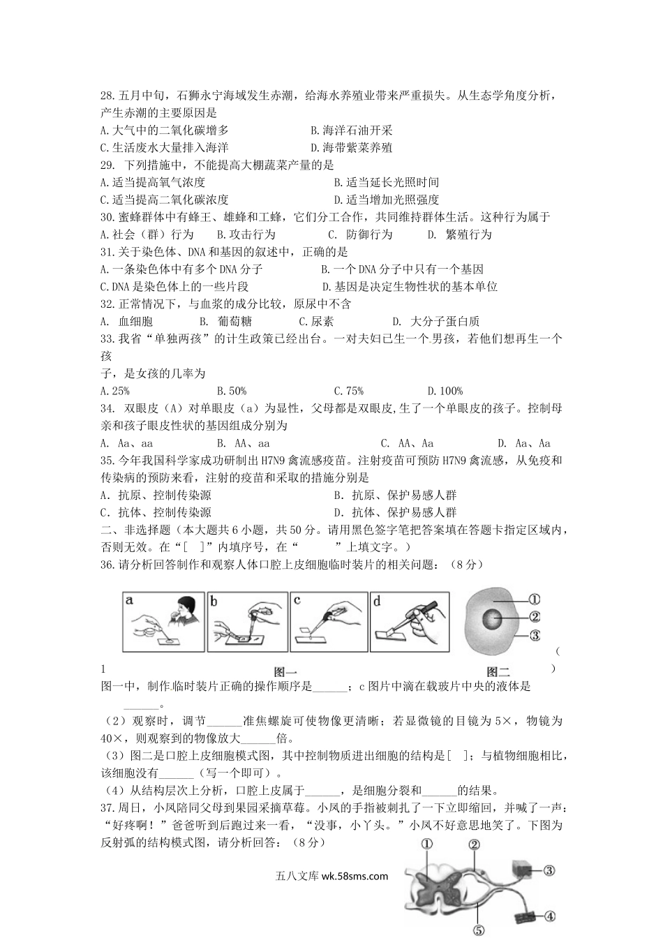 2014年福建省泉州市中考生物真题及答案.doc_第3页