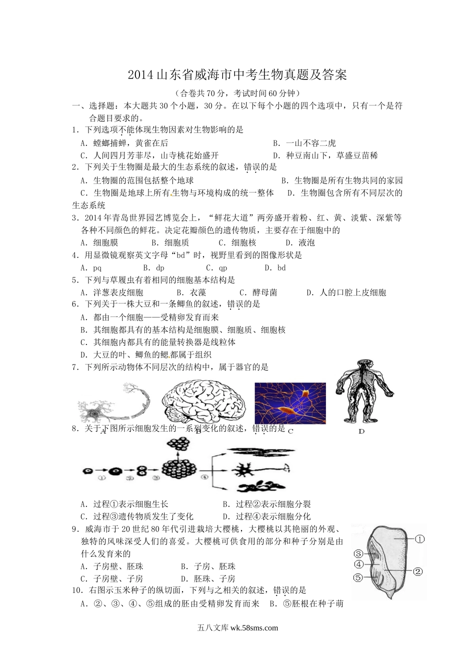 2014山东省威海市中考生物真题及答案.doc_第1页