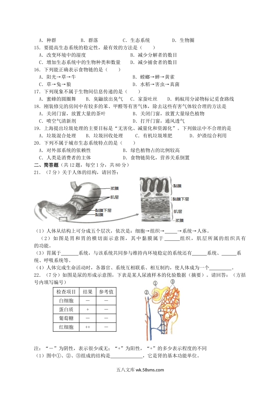 2015年上海崇明中考生物真题及答案.doc_第2页