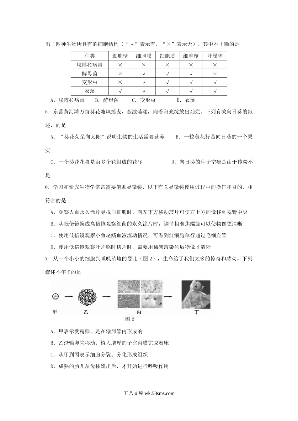 2015山东省东营市中考生物真题及答案.doc_第2页