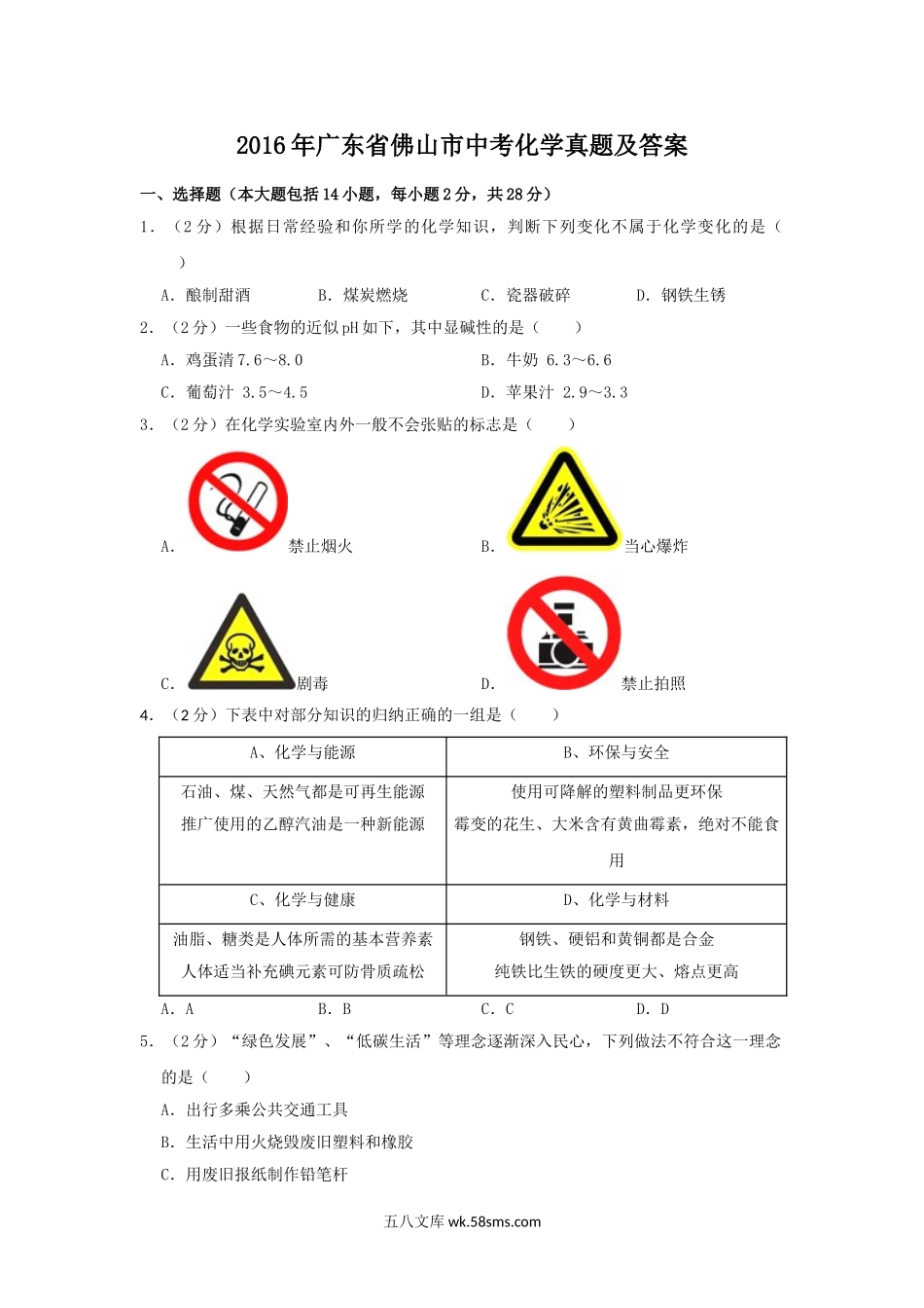 2016年广东省佛山市中考化学真题及答案.doc_第1页