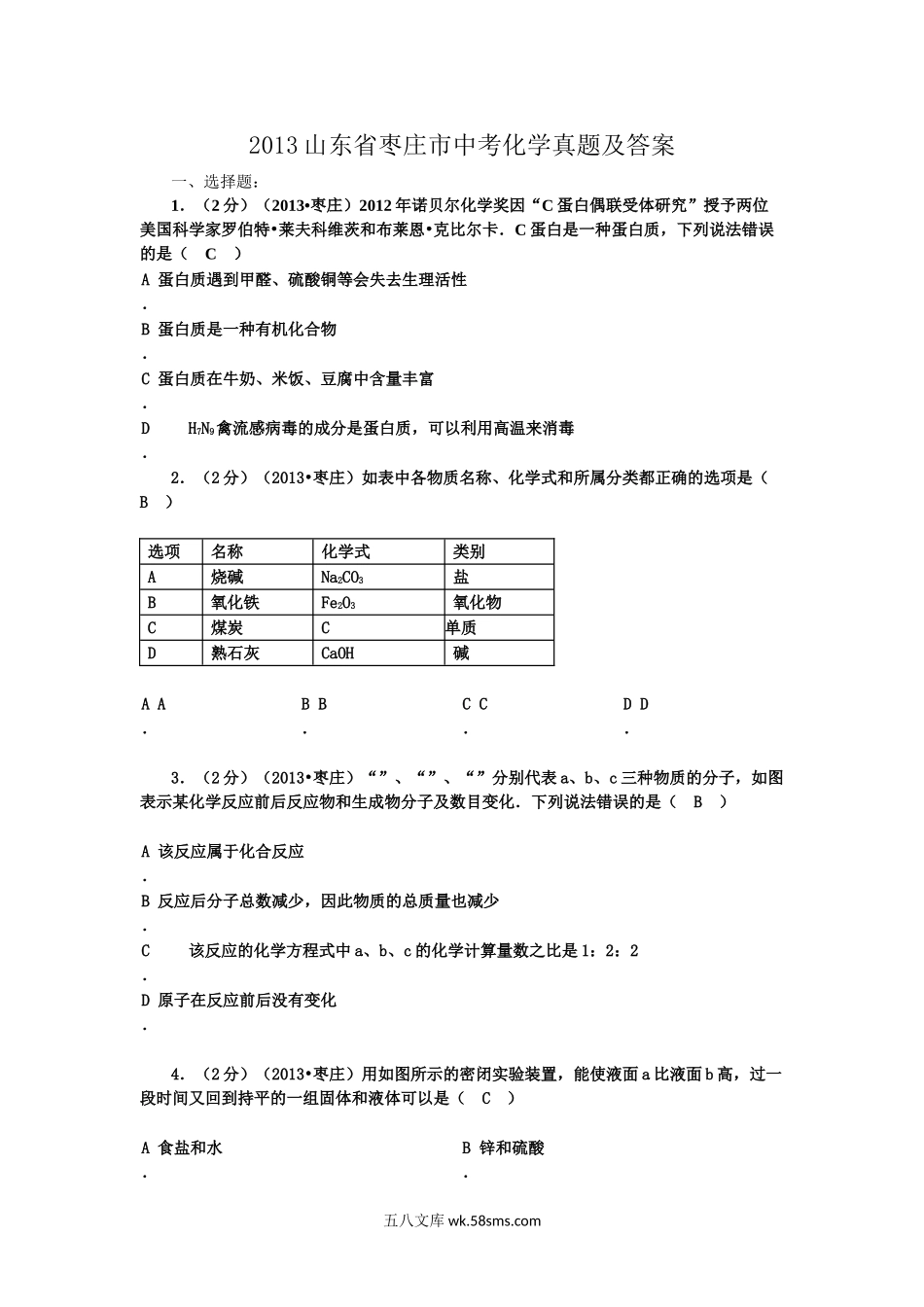 2013山东省枣庄市中考化学真题及答案.doc_第1页