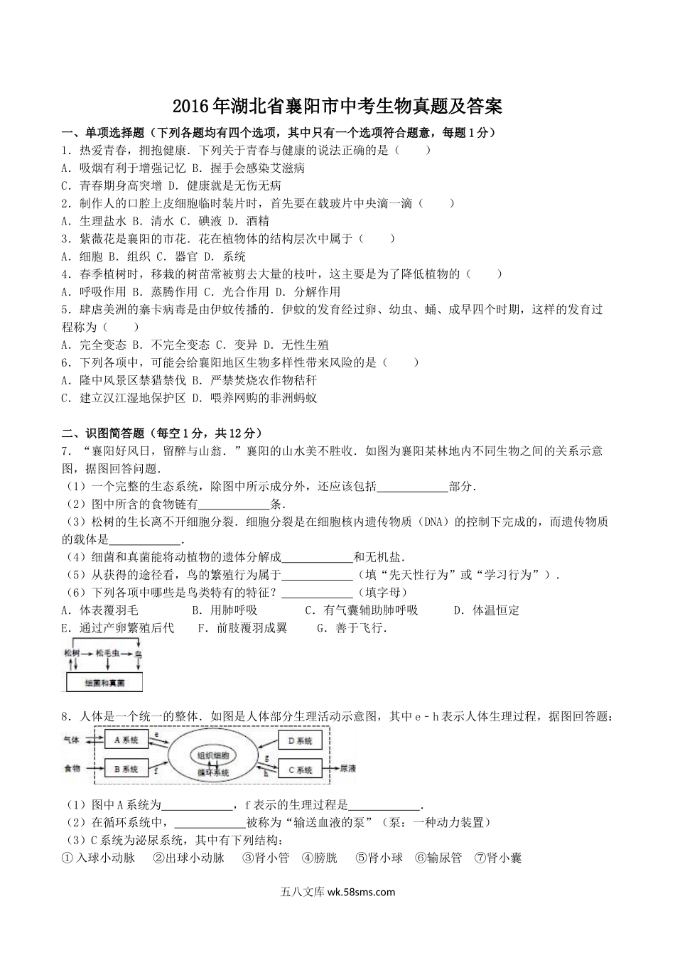 2016年湖北省襄阳市中考生物真题及答案.doc_第1页