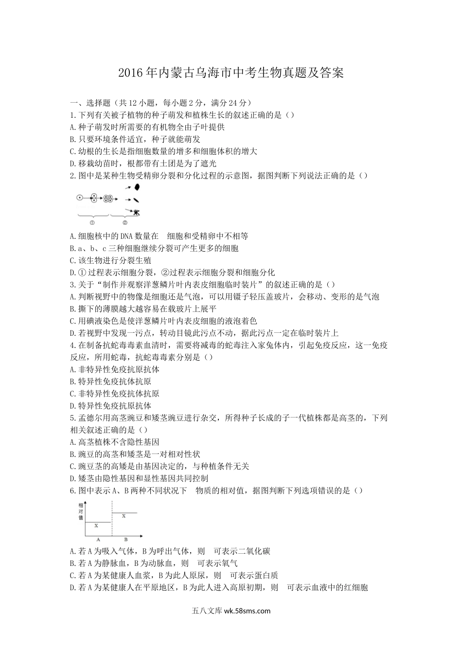 2016年内蒙古乌海市中考生物真题及答案.doc_第1页