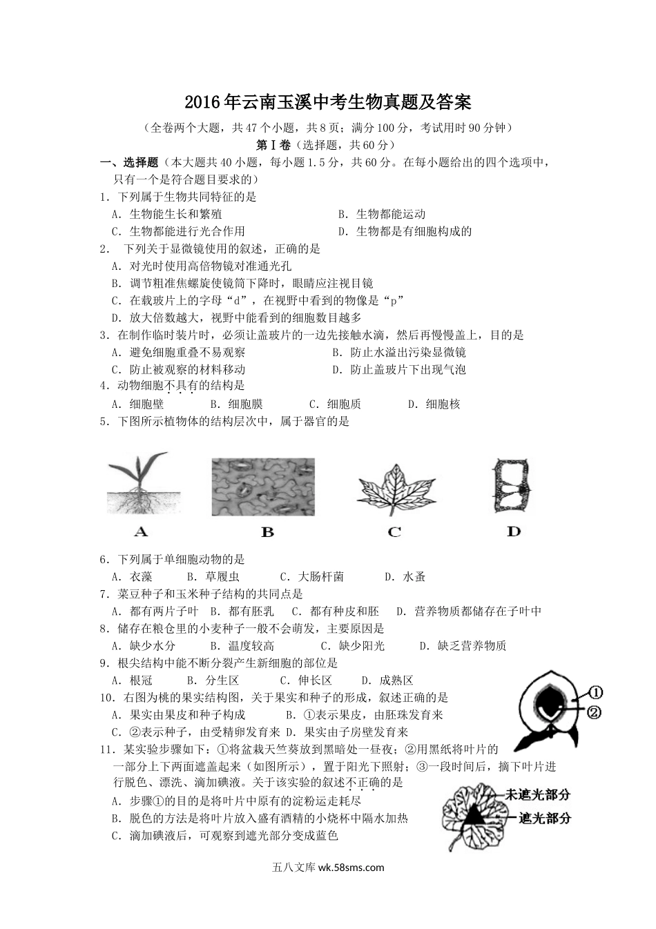 2016年云南玉溪中考生物真题及答案.doc_第1页