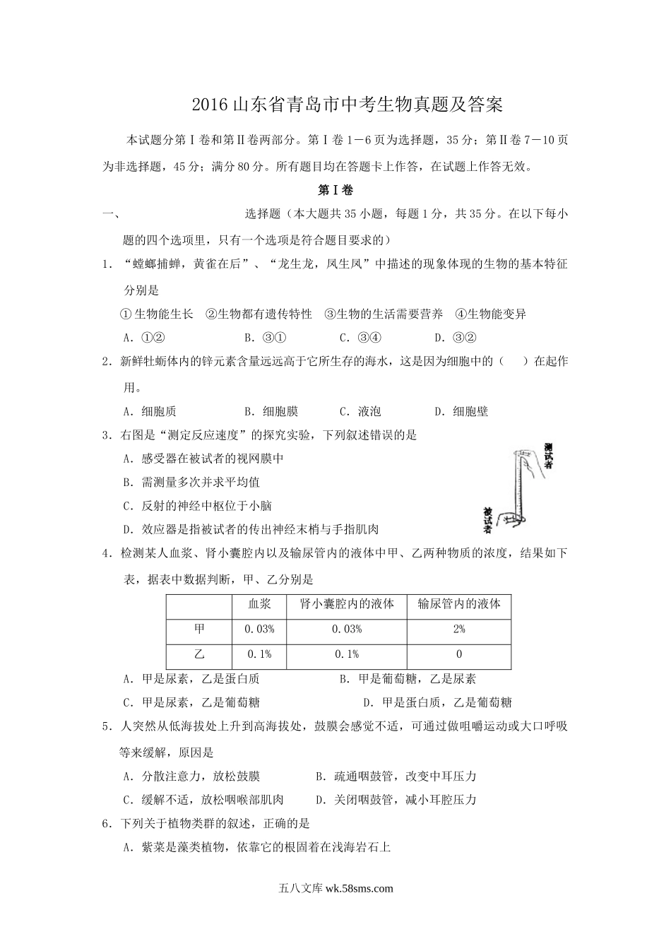 2016山东省青岛市中考生物真题及答案.doc_第1页