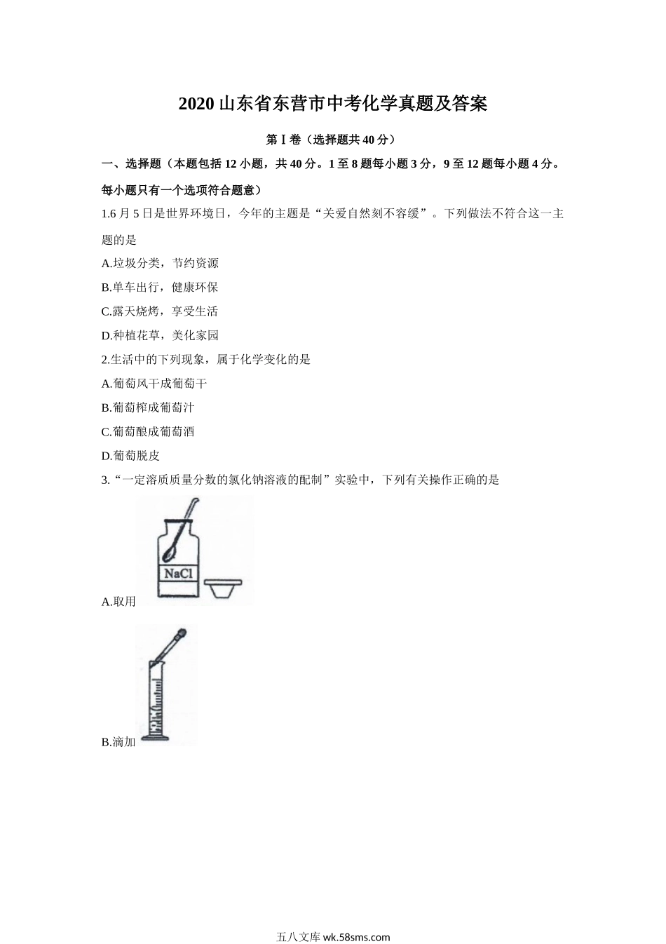 2020山东省东营市中考化学真题及答案.doc_第1页