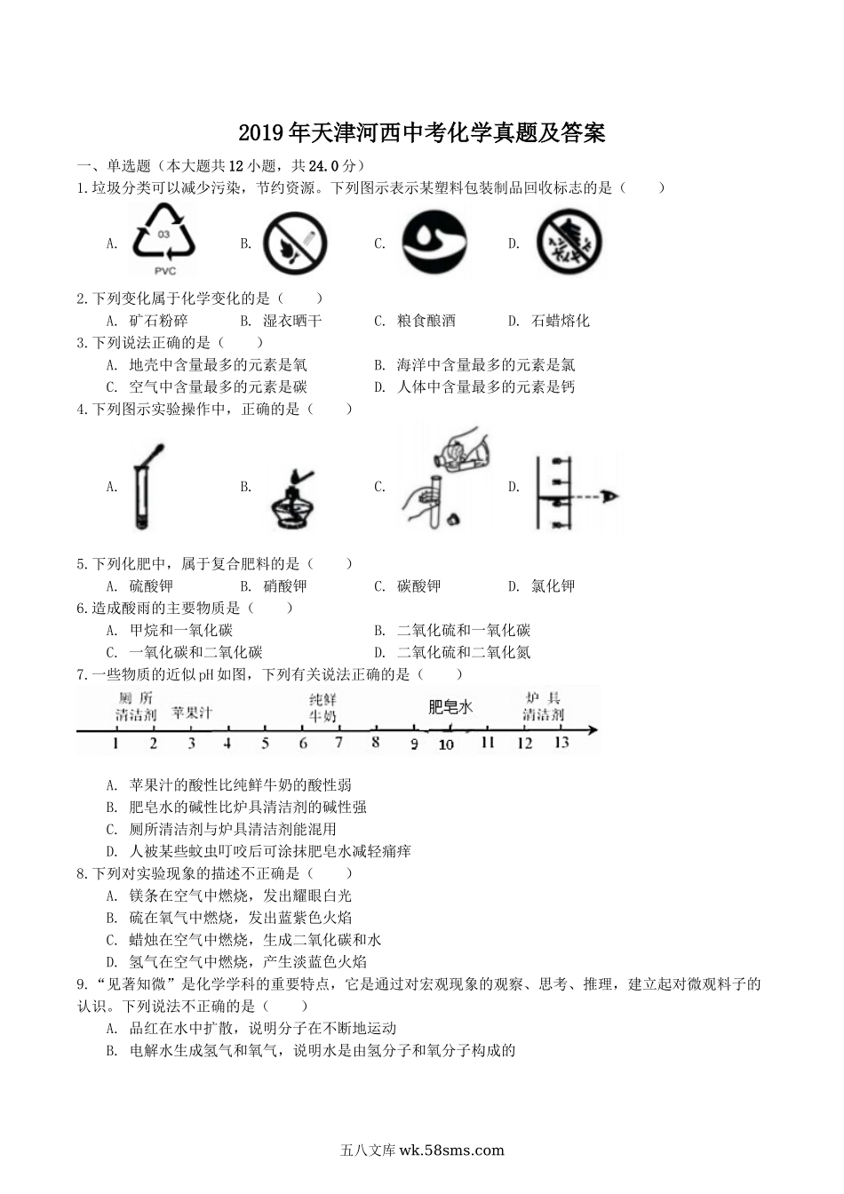 2019年天津河西中考化学真题及答案.doc_第1页