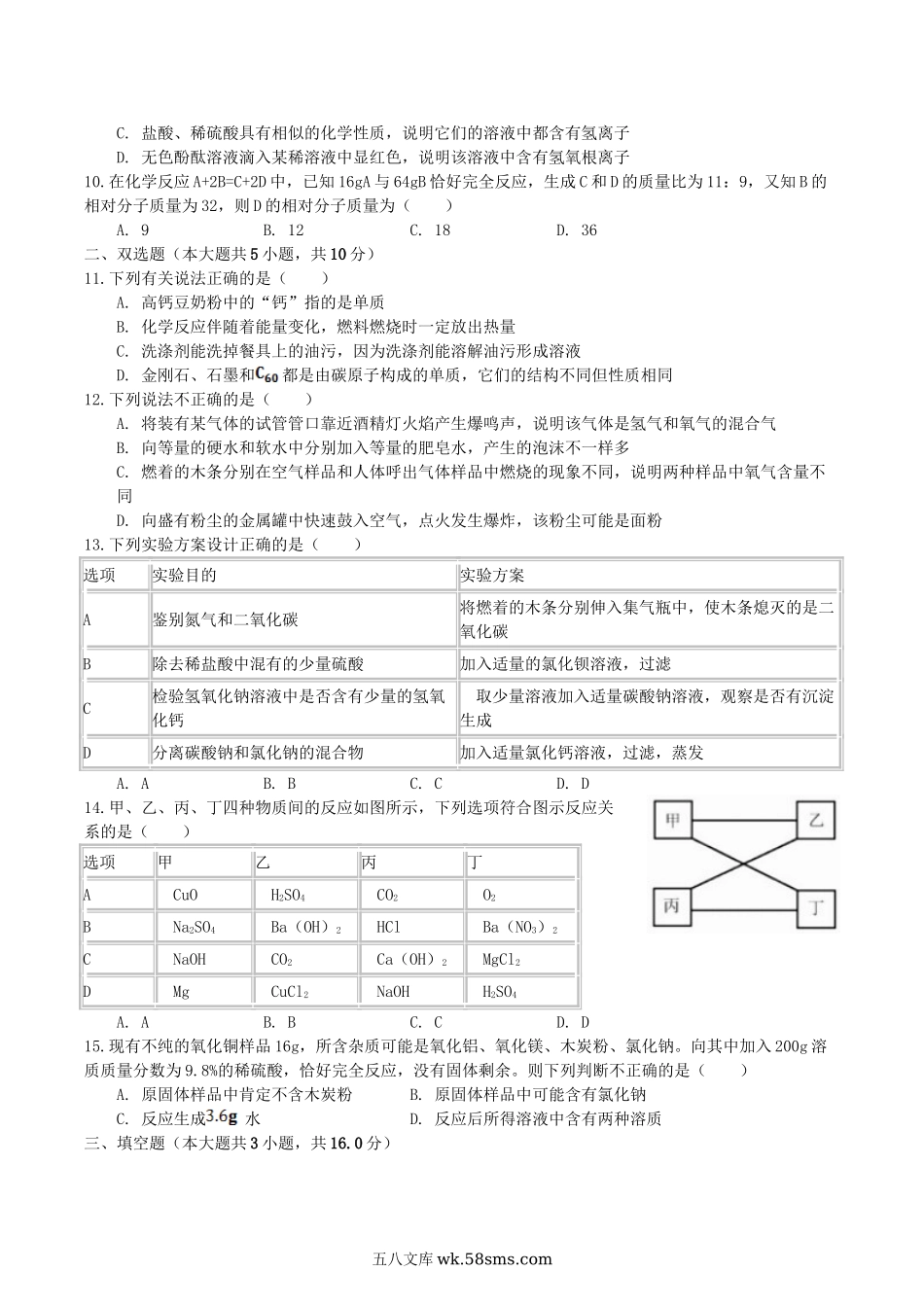 2019年天津河西中考化学真题及答案.doc_第2页