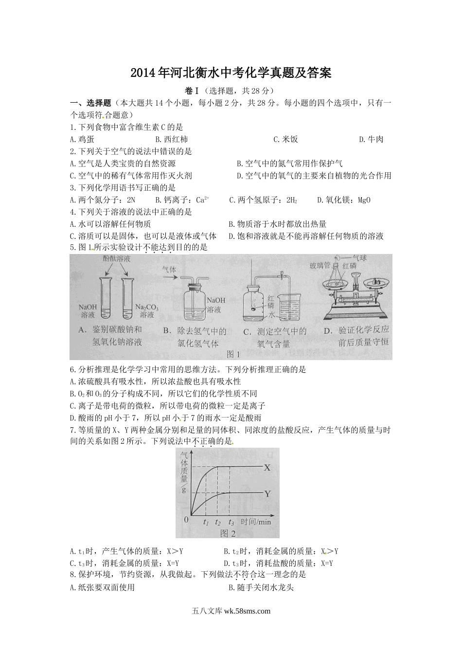 2014年河北衡水中考化学真题及答案.doc_第1页