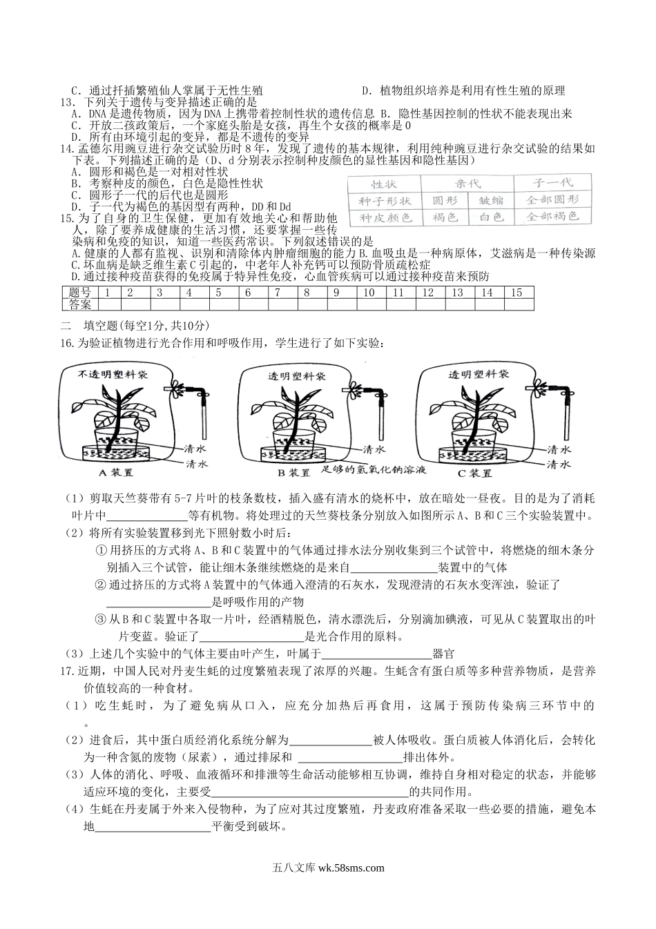 2017年湖北省仙桃市潜江市天门市中考生物真题及答案.doc_第2页