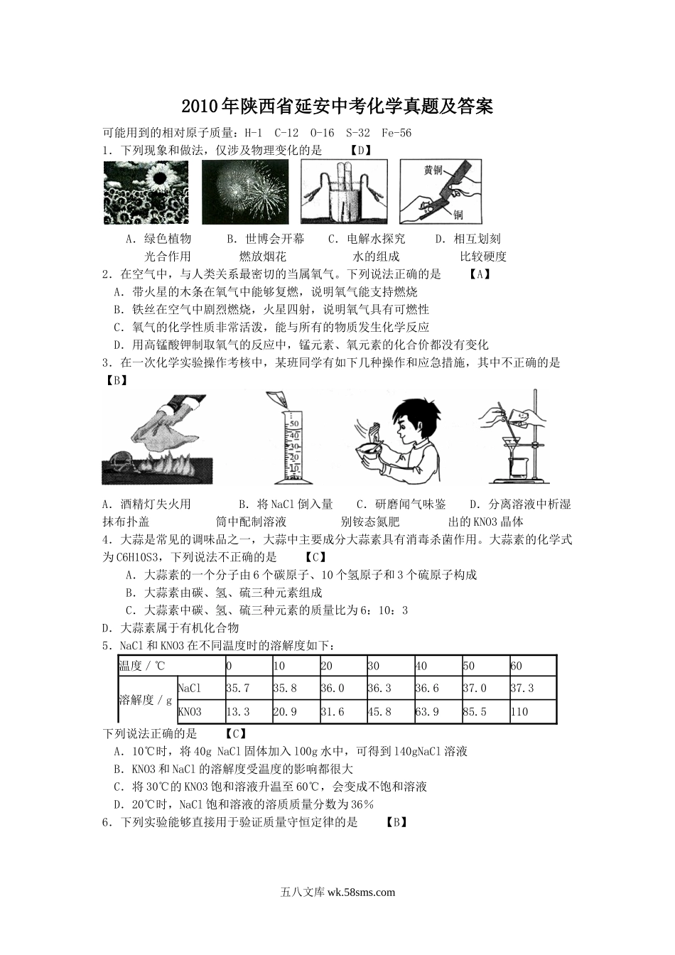 2010年陕西省延安中考化学真题及答案.doc_第1页