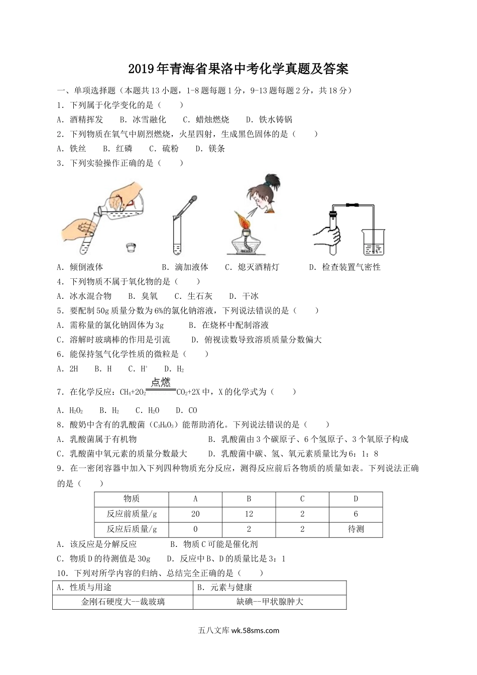 2019年青海省果洛中考化学真题及答案.doc_第1页