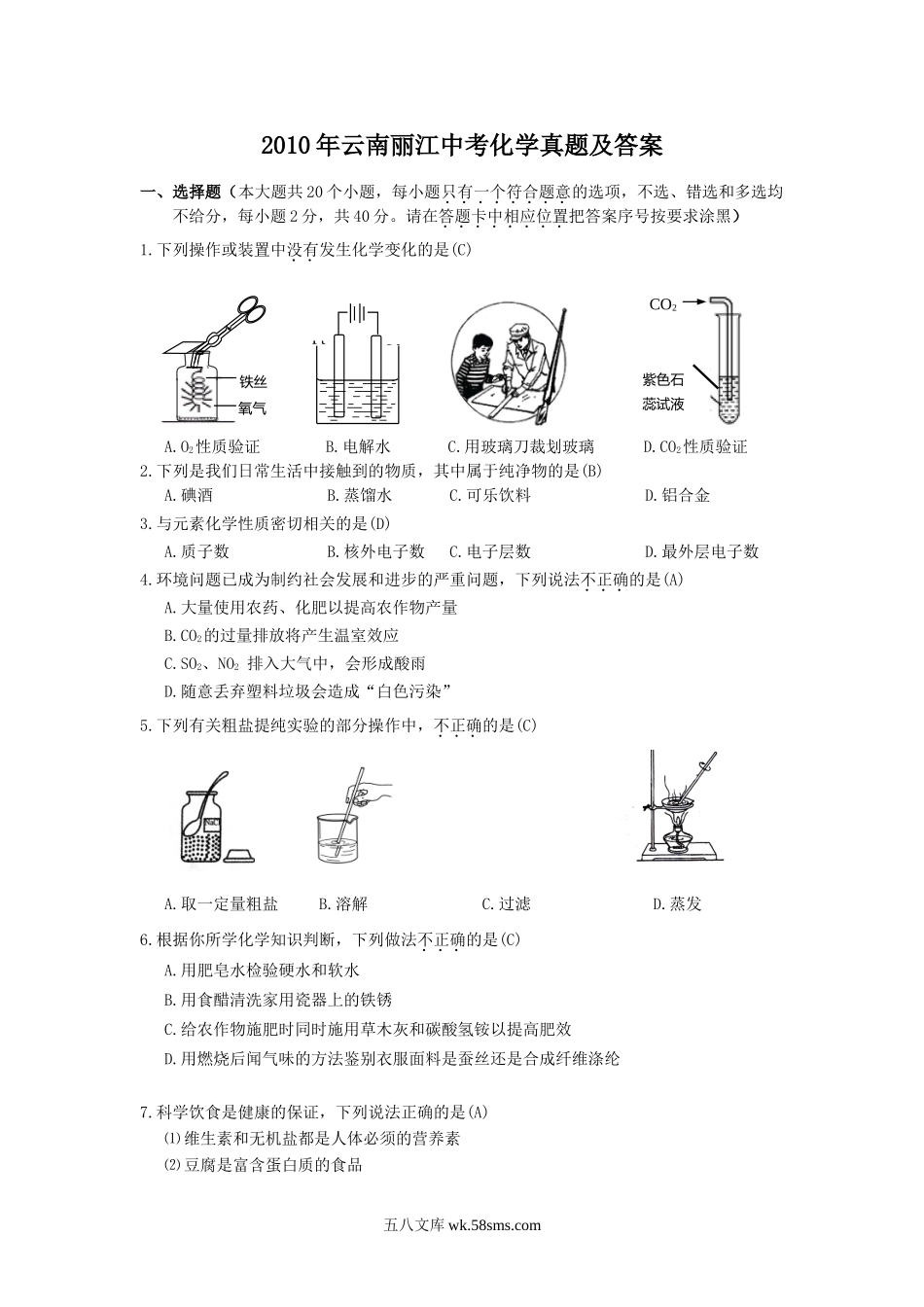 2010年云南丽江中考化学真题及答案.doc_第1页