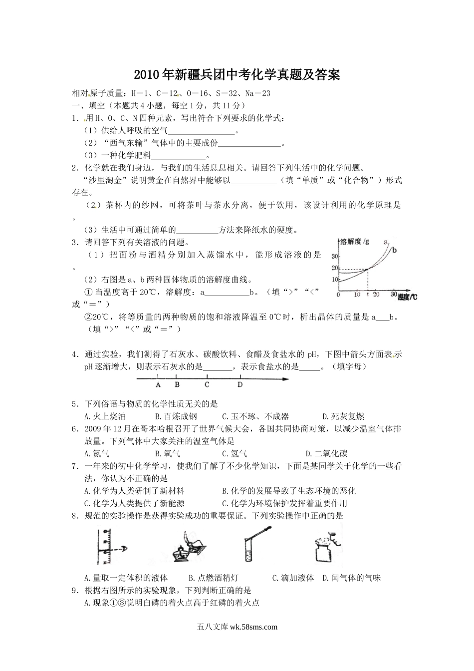 2010年新疆兵团中考化学真题及答案.doc_第1页