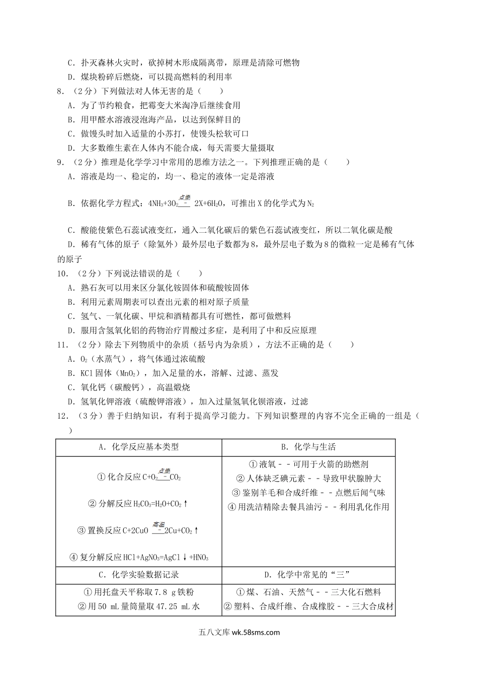 2018宁夏中考化学真题及答案.doc_第2页